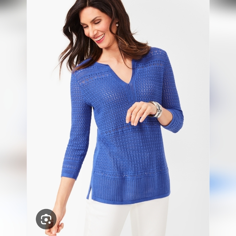 Talbots Sweater Split Neck Open Stitch Blue Cotton Blend Tunic  MP